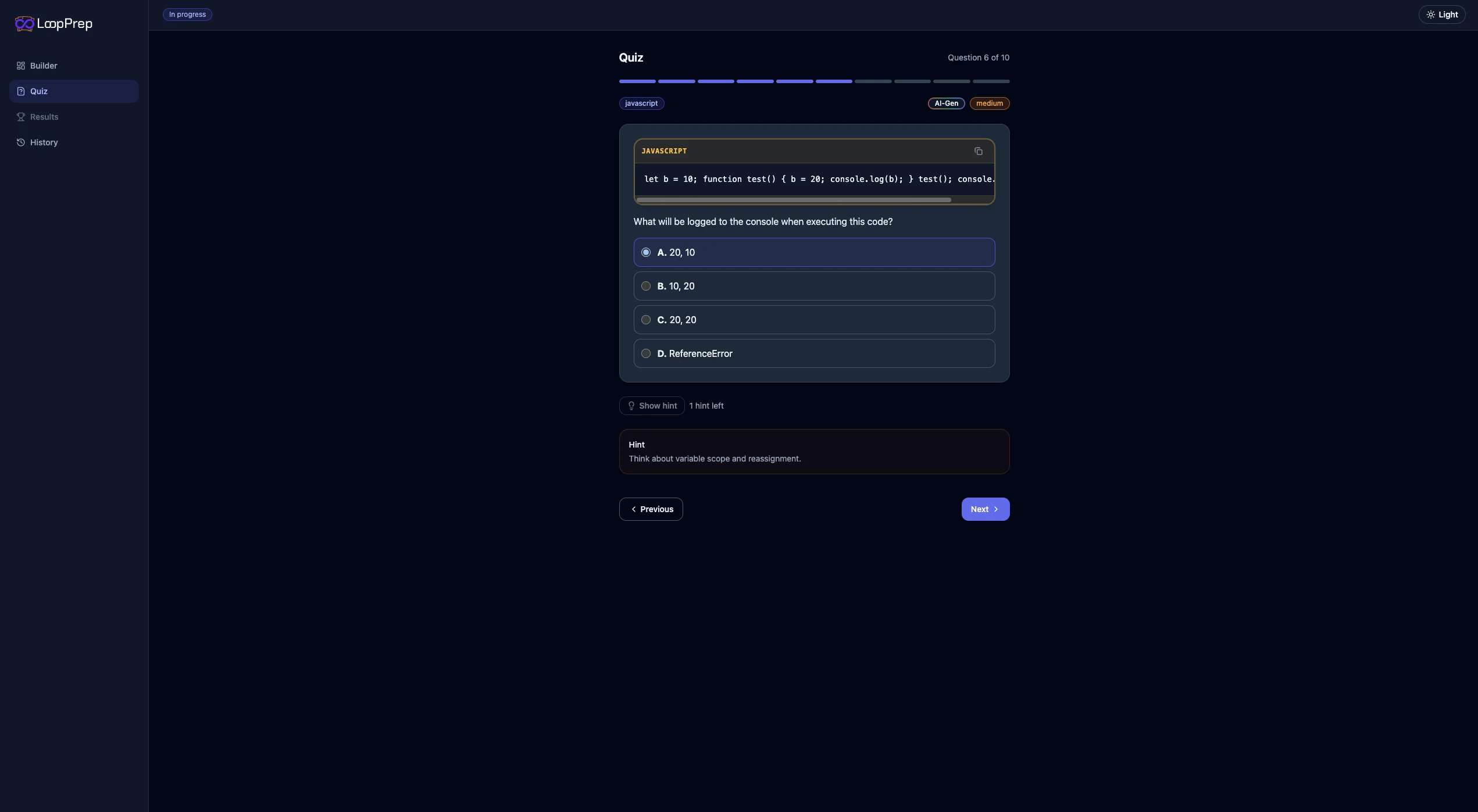 LoopPrep active quiz runner view